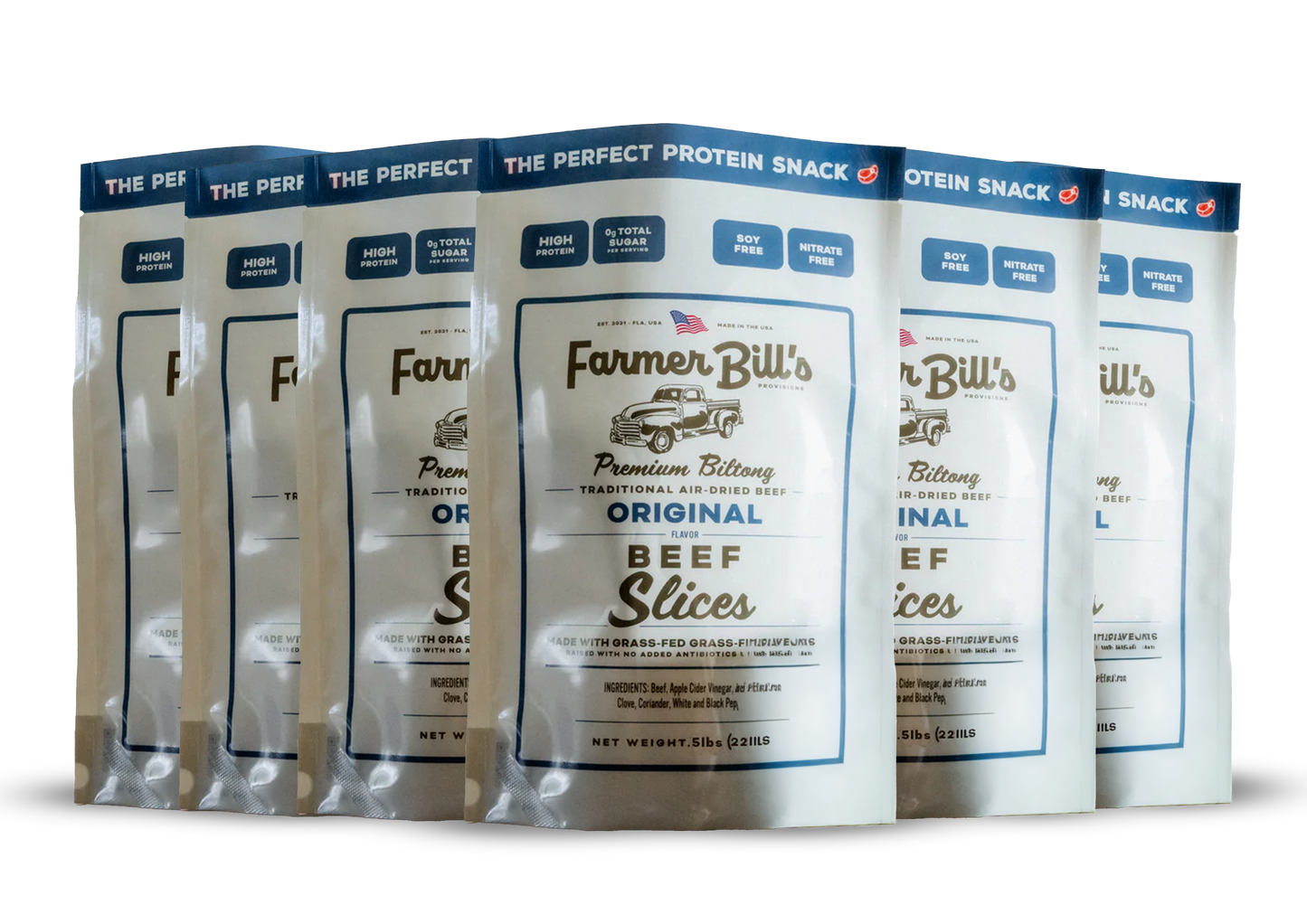 Farmer Bill's Provisions sliced original beef biltong packages displayed in product lineup showing multiple flavors.