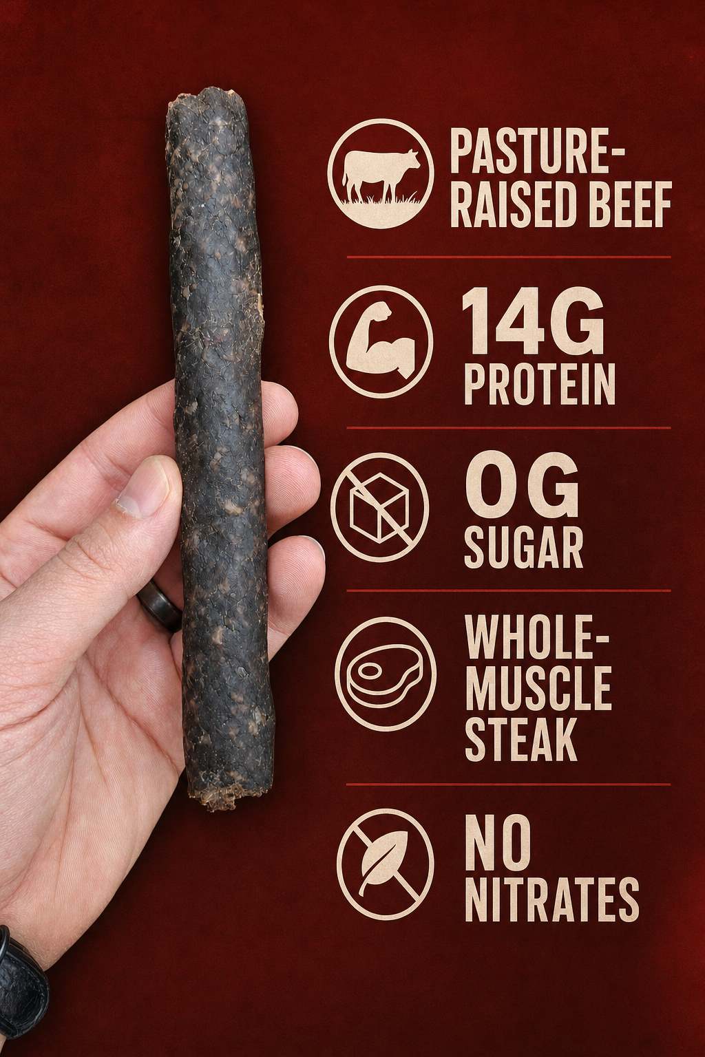 Farmer Bill's Datil Pepper Beef Sticks — pasture-raised beef, 14g protein, 0g sugar, whole-muscle steak, no nitrates