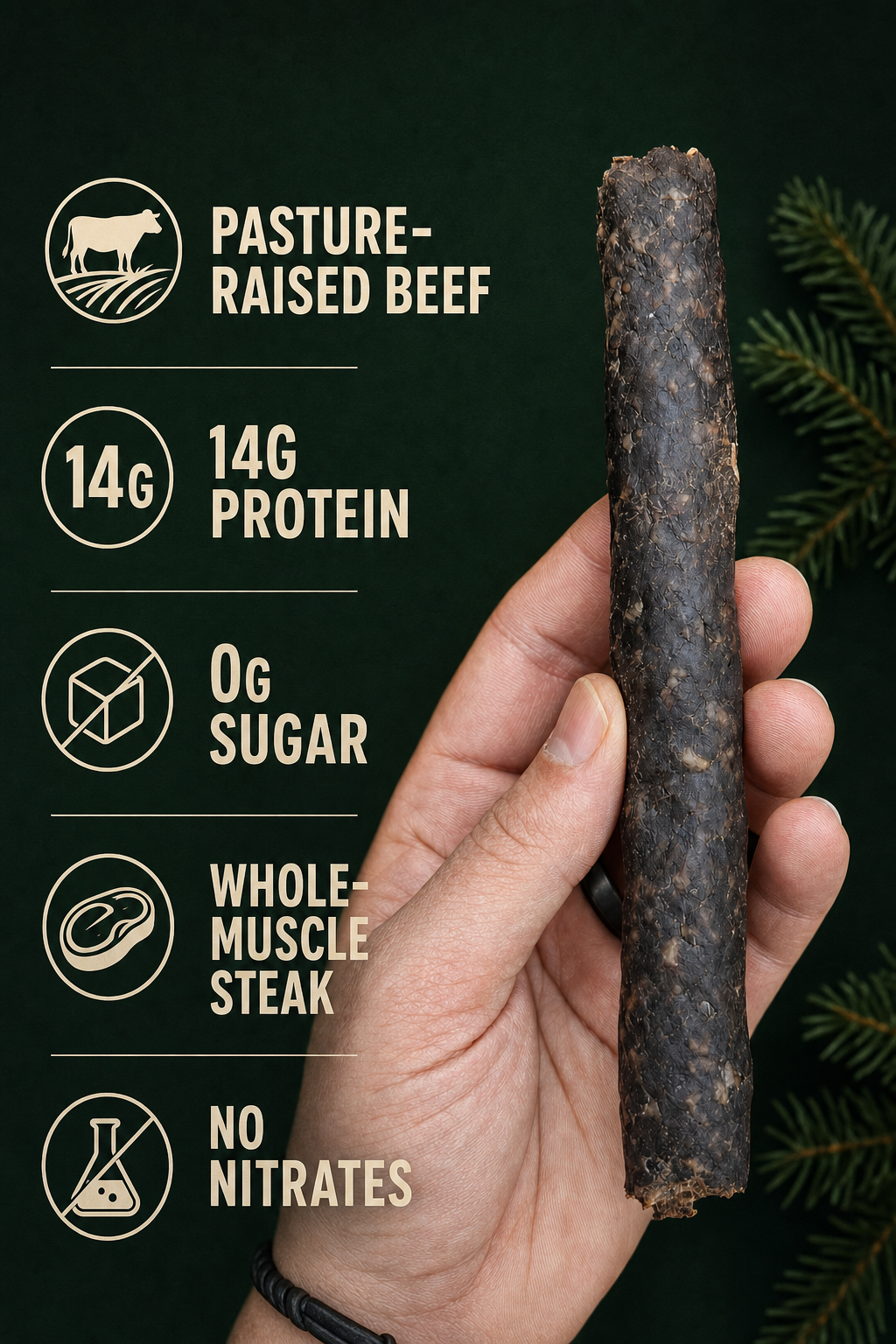 Farmer Bill's Garlic & Herb Beef Sticks — pasture-raised beef, 14g protein, 0g sugar, whole-muscle steak, no nitrates