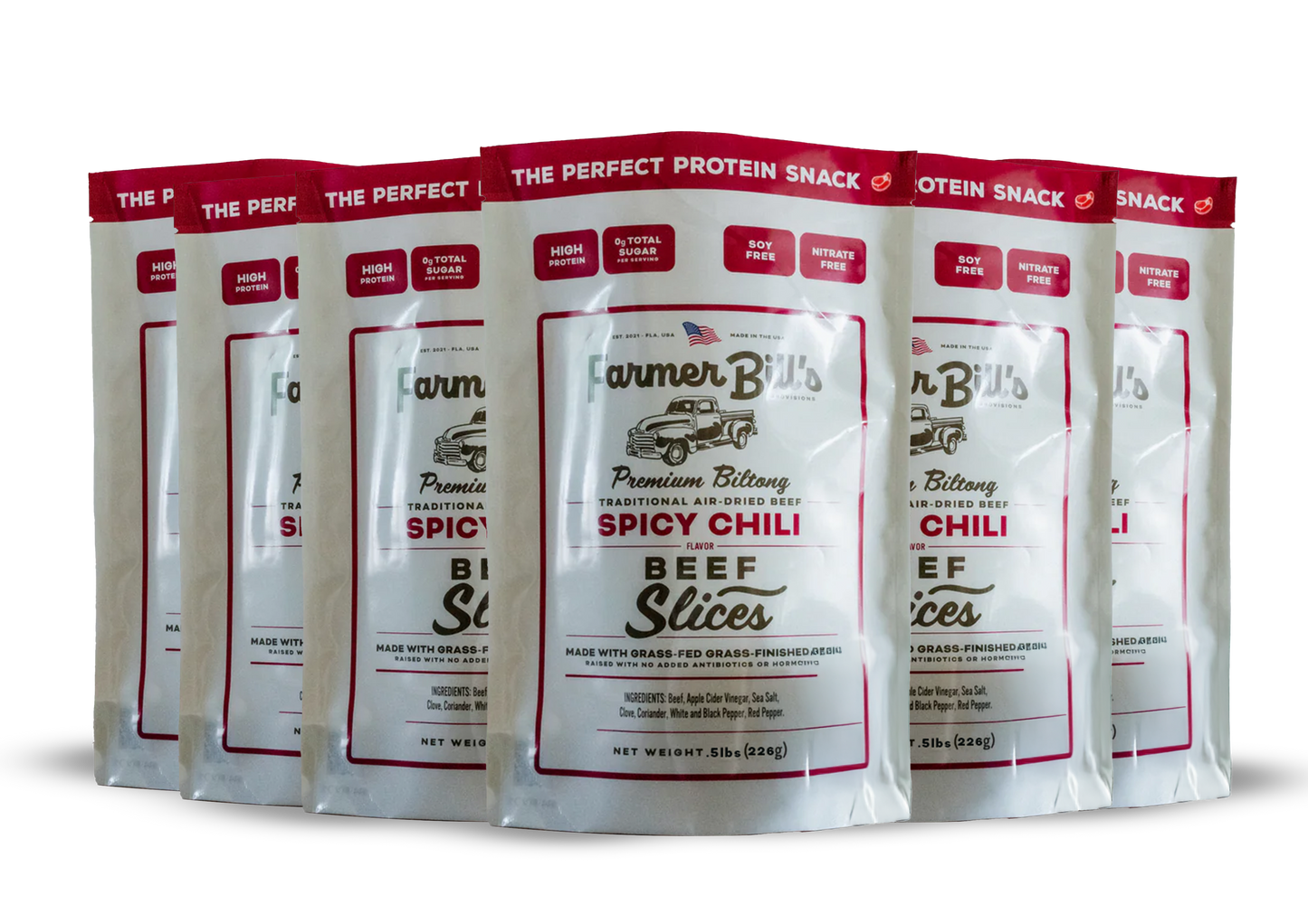 Farmer Bill's Spicy Chili beef slices packaging displayed in product lineup showing multiple flavors and net weight.