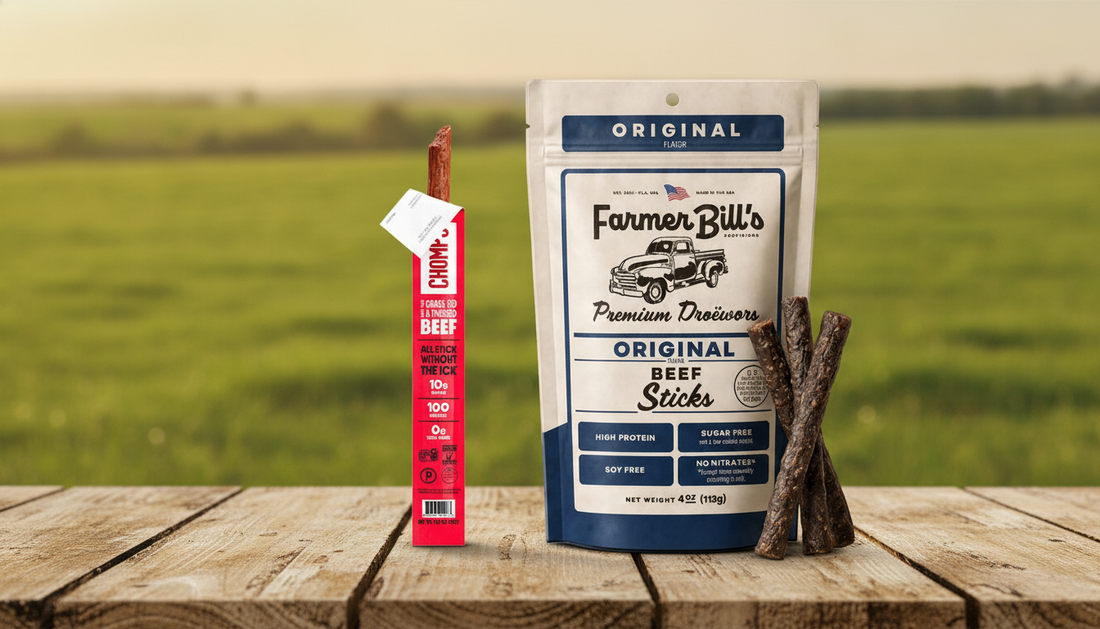 A Chomps single beef stick package next to a Farmer Bill's Original Beef Sticks 4 oz pouch with air-dried sticks