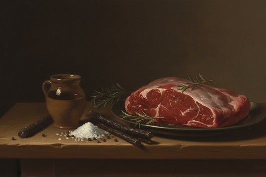 Oil painting of raw grass-fed beef, dried beef sticks, coarse salt, peppercorns, and a crock of vinegar on a wooden table.