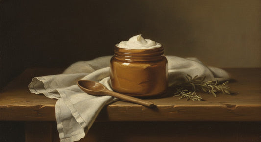 A jar of pale whipped grass-fed tallow balm with a wooden spoon and linen cloth on a wooden table