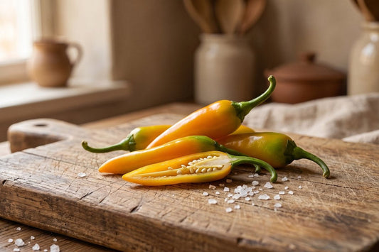 Fresh yellow-orange datil peppers, one sliced open, on a rustic wooden cutting board