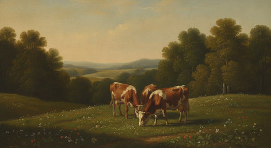 Cattle grazing on green pasture in warm golden light, in the style of a luminous pastoral landscape painting.