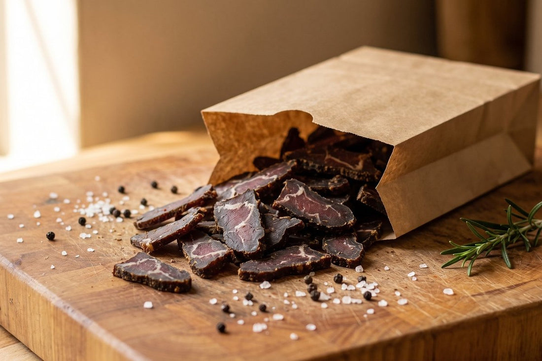 Sliced air-dried biltong spilling from an open brown paper bag onto a wooden cutting board