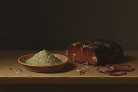 Oil painting of a dish of green celery powder beside a dark air-dried beef slab and thin slices on a wooden table.