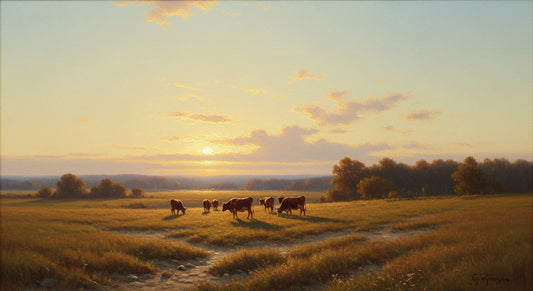 Cattle grazing on open pastureland at golden hour, the pasture-raised beef behind Farmer Bill's biltong.