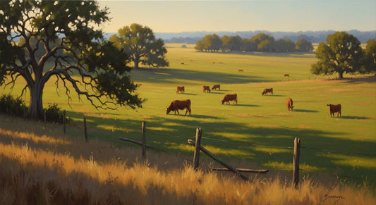 Cattle grazing on open American ranchland with oak trees and a weathered fence in warm golden light, in the style of a luminous pastoral landscape painting.