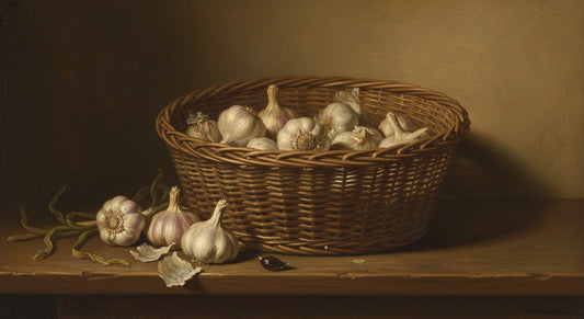 Basket of garlic bulbs spilling onto a rustic wooden table, warm oil-painting style.