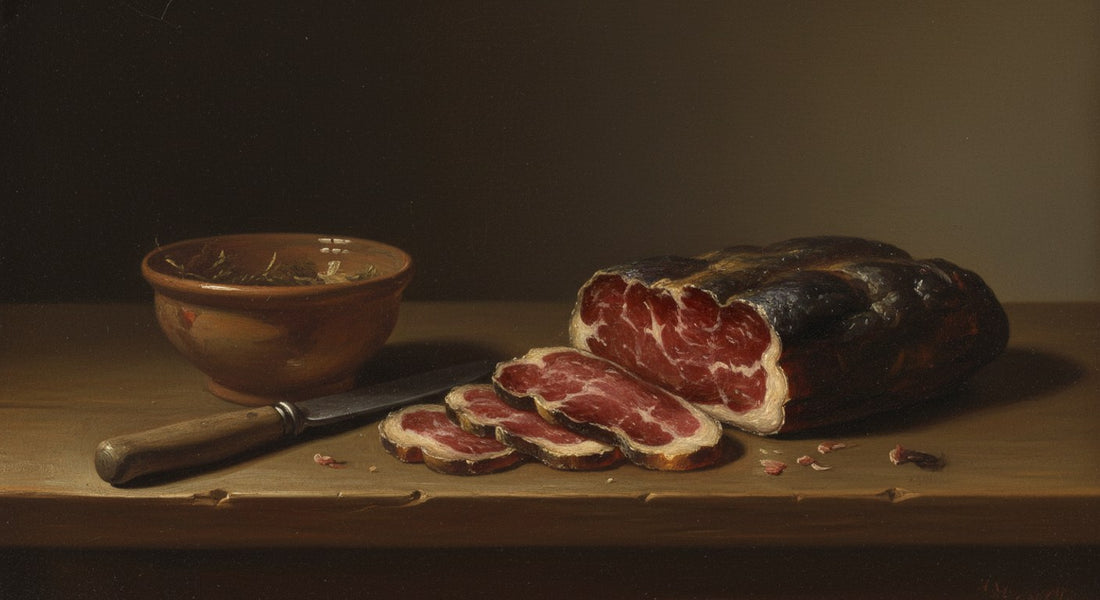 Sliced air-dried beef biltong on a wooden table showing the marbled fat
