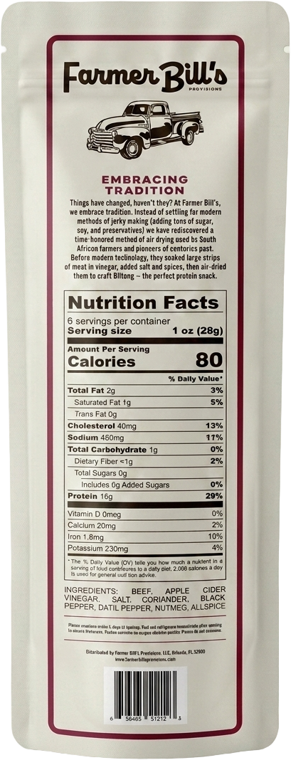 Farmer Bill's Datil Pepper Beef Slab package back — nutrition facts and ingredients
