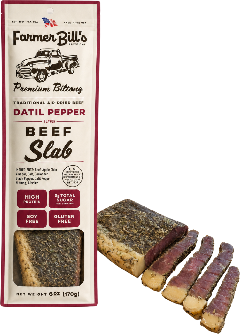 Farmer Bill's Datil Pepper Beef Slab biltong with sliced pieces