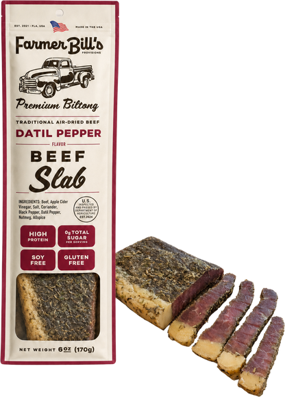 Farmer Bill's Datil Pepper Beef Slab biltong with sliced pieces