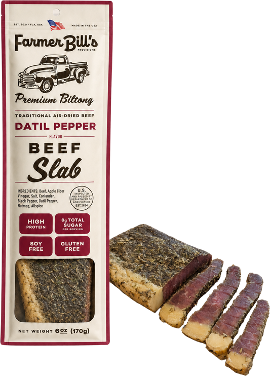 Farmer Bill's Datil Pepper Beef Slab biltong with sliced pieces
