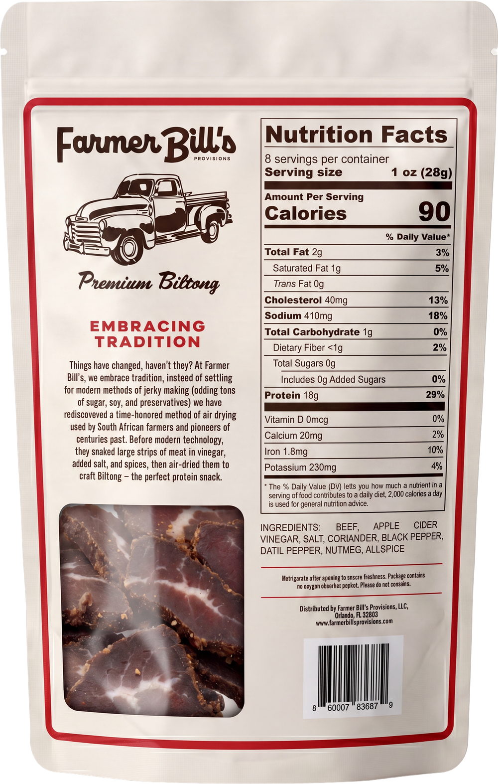 Farmer Bill's Datil Pepper Beef Slices package back — nutrition facts and ingredients