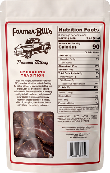 Farmer Bill's Datil Pepper Beef Slices package back — nutrition facts and ingredients