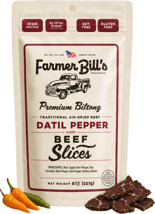 Farmer Bill's Datil Pepper Beef Slices biltong package with loose slices