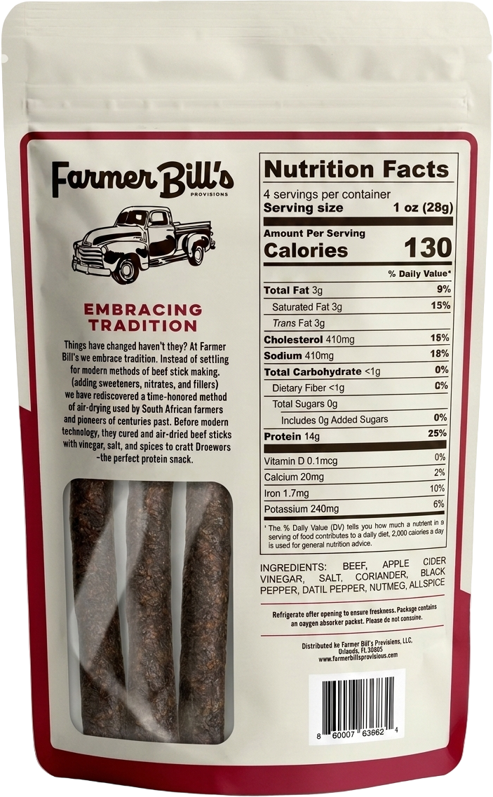 Farmer Bill's Datil Pepper Beef Sticks package back — nutrition facts and ingredients