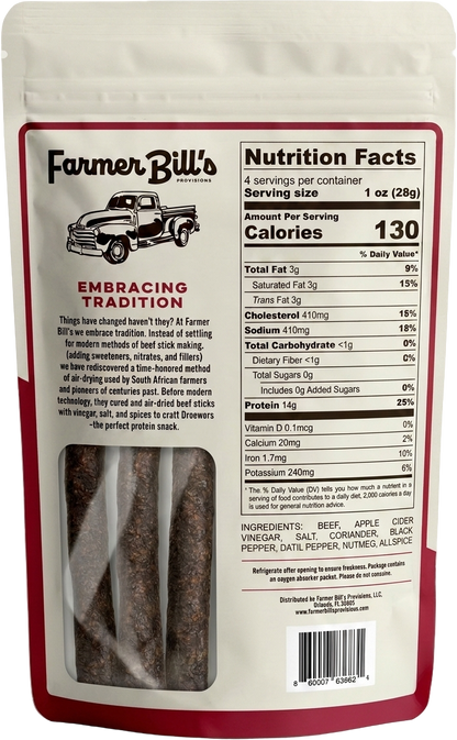 Farmer Bill's Datil Pepper Beef Sticks package back — nutrition facts and ingredients