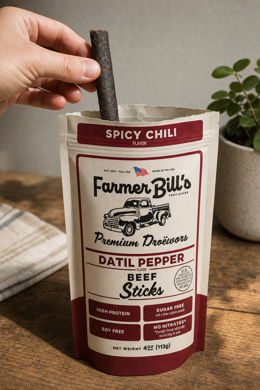 Farmer Bill's Datil Pepper Beef Sticks — pulling a stick from the resealable pouch