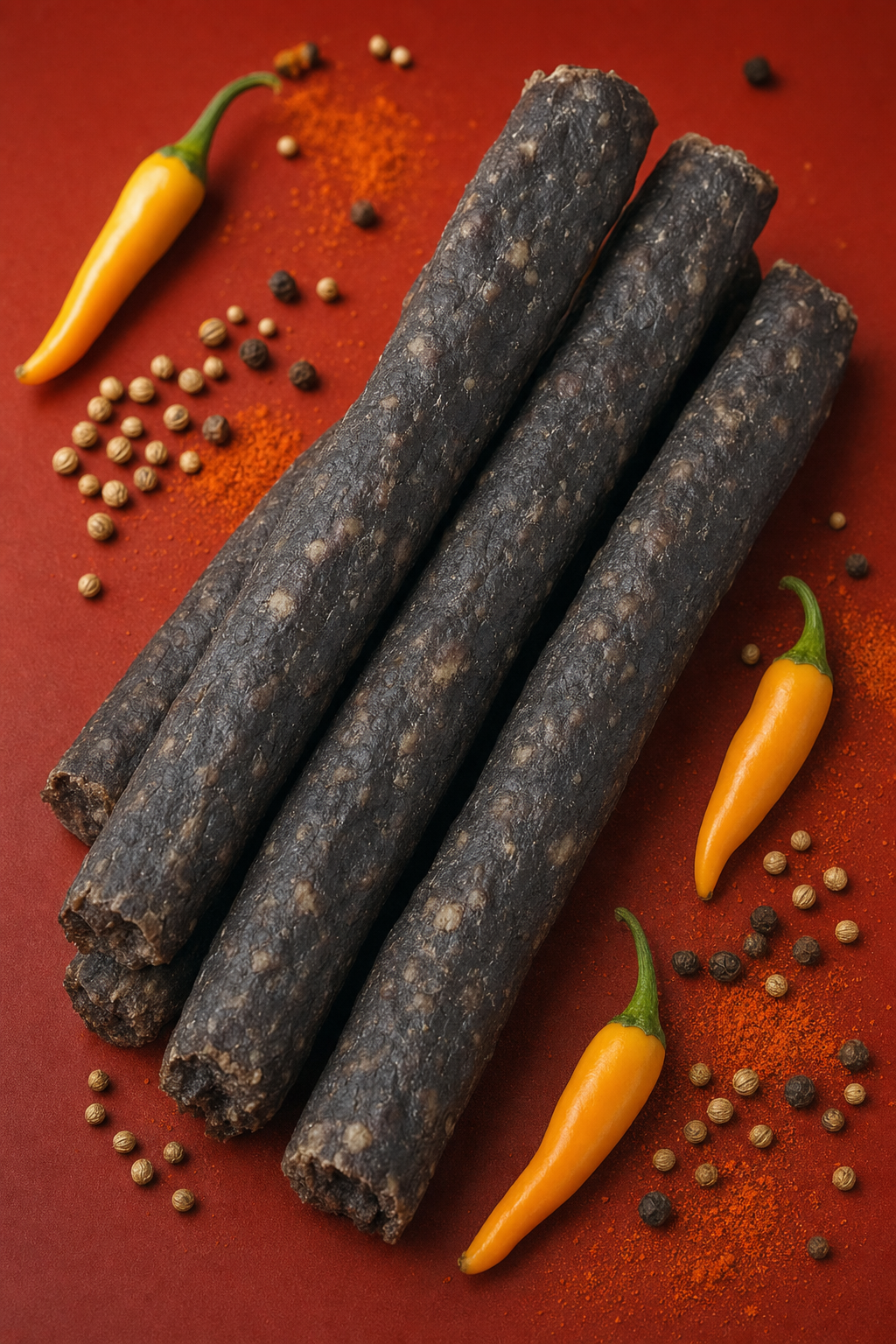 Farmer Bill's Datil Pepper Beef Sticks — whole air-dried beef sticks with yellow datil chili peppers