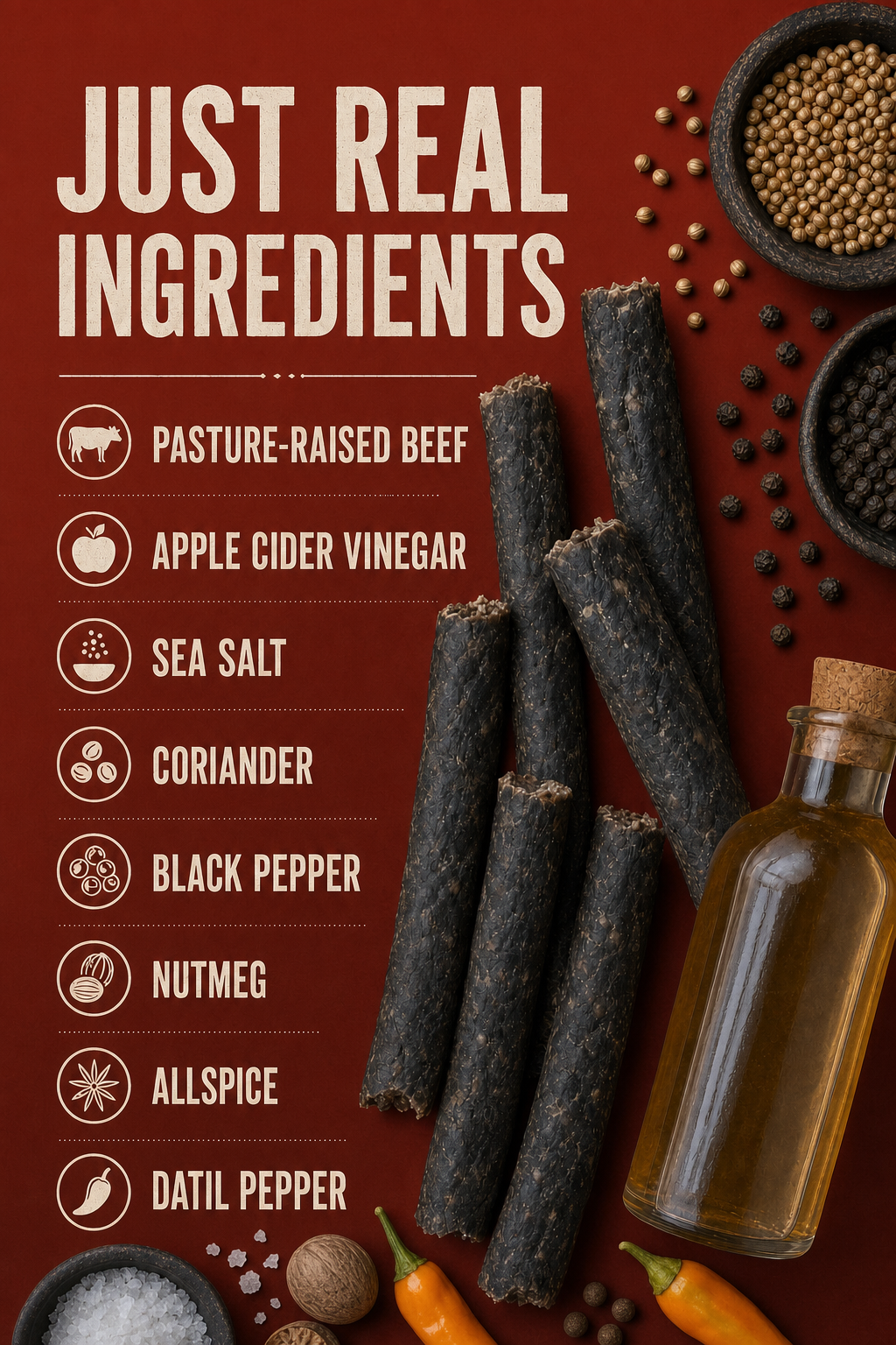 Farmer Bill's Datil Pepper Beef Sticks ingredients — pasture-raised beef, apple cider vinegar, sea salt, coriander, black pepper
