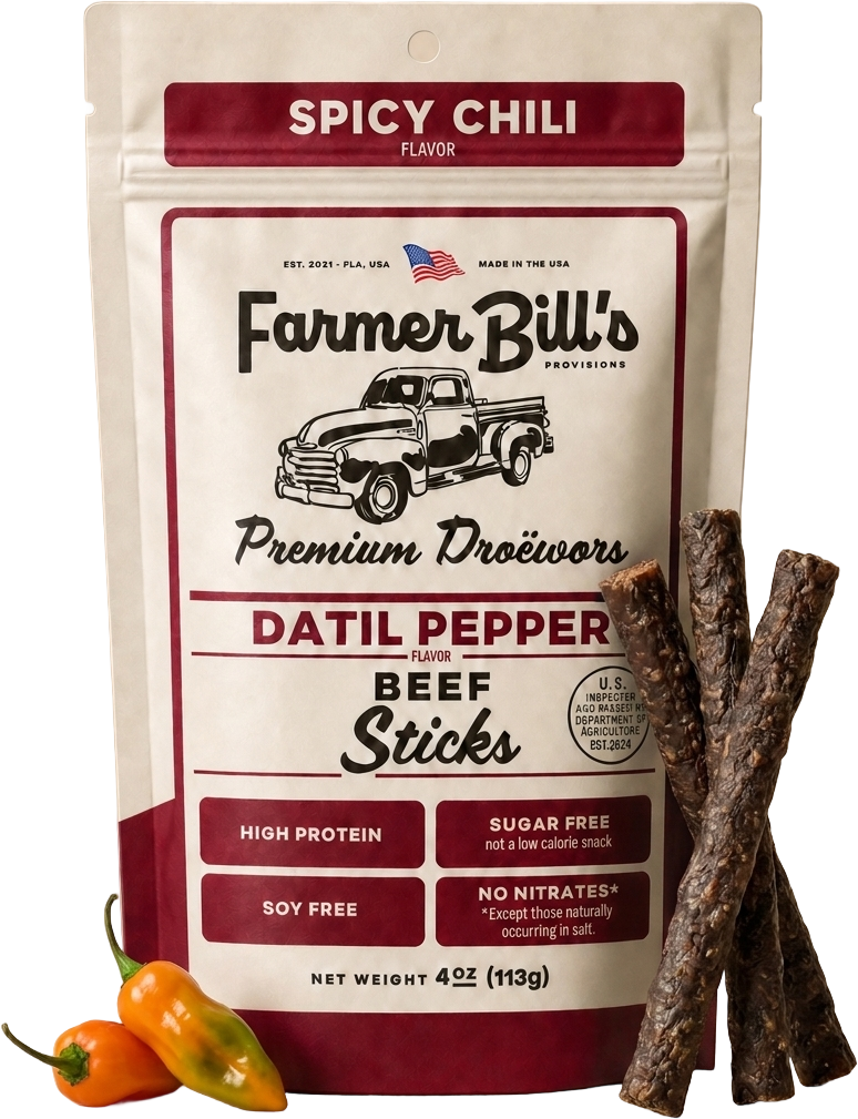 Farmer Bill's Spicy Chili Beef Sticks with loose sticks and chili peppers