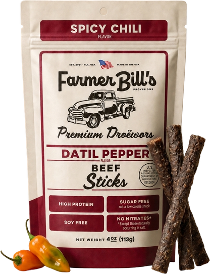 Farmer Bill's Spicy Chili Beef Sticks with loose sticks and chili peppers