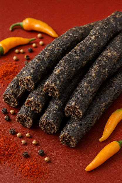Farmer Bill's Datil Pepper Beef Sticks — close-up side view of the air-dried whole-muscle sticks