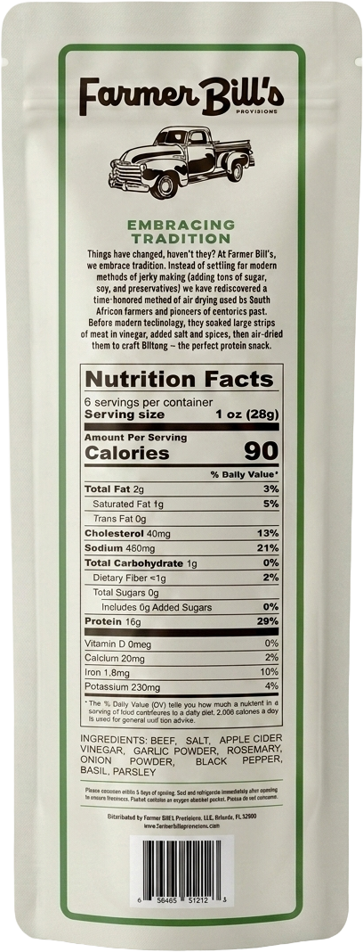 Farmer Bill's Garlic & Herb Beef Slab package back — nutrition facts and ingredients
