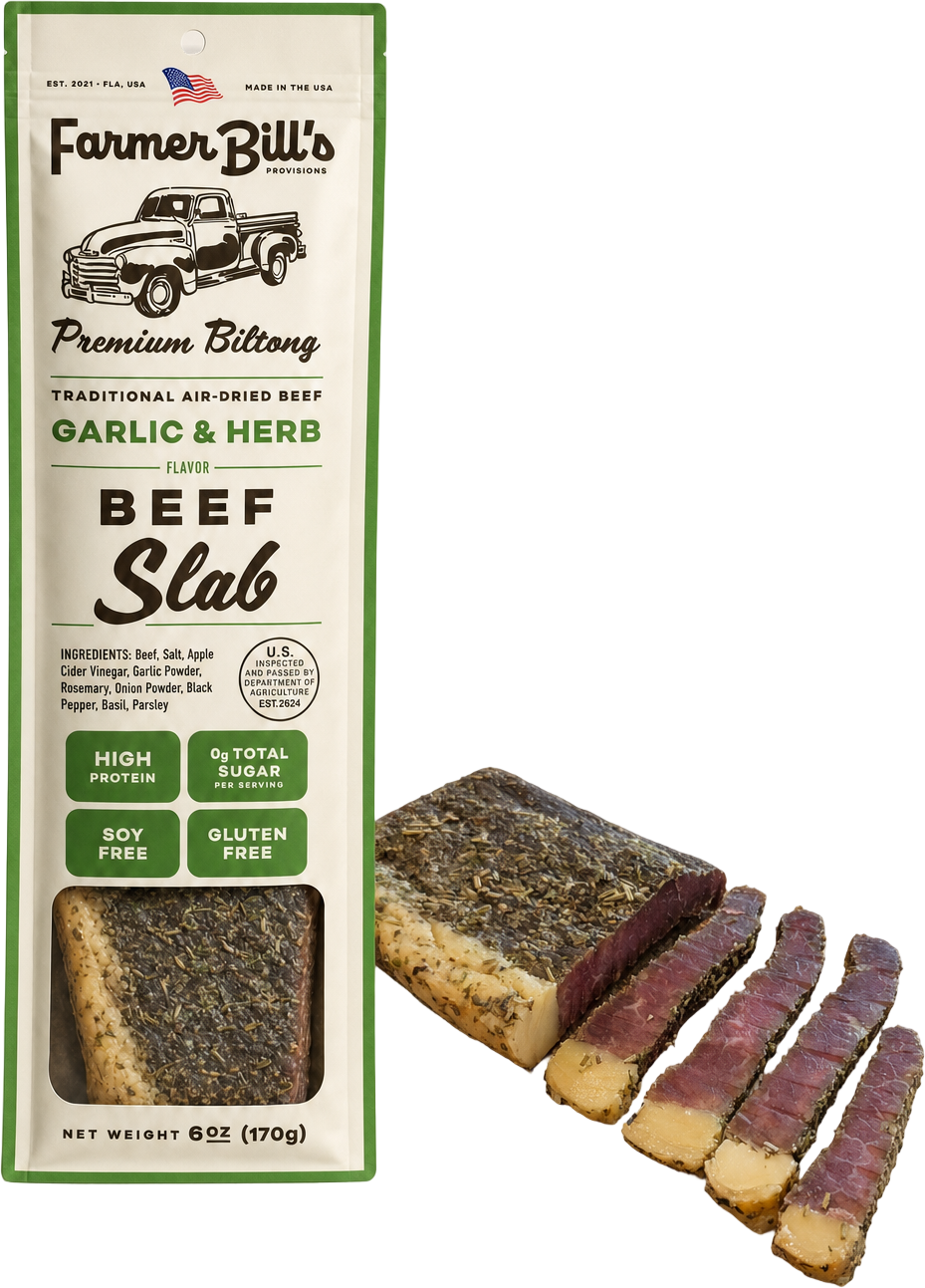 Farmer Bill's Garlic & Herb Beef Slab biltong with sliced pieces