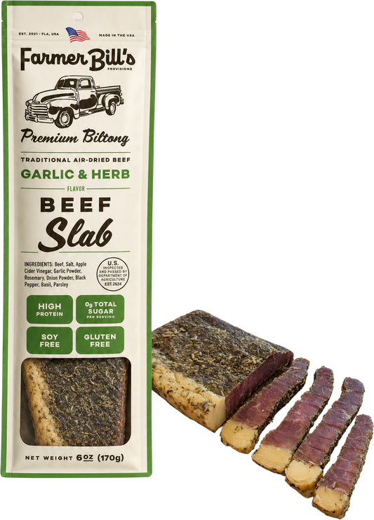 Farmer Bill's Garlic & Herb Beef Slab biltong with sliced pieces