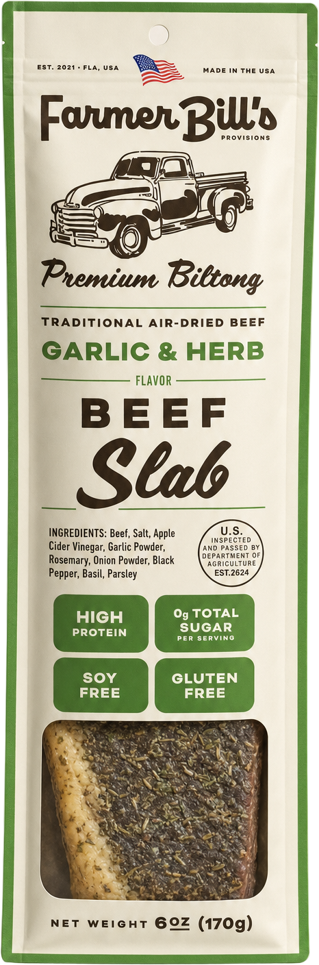 Farmer Bill's Garlic & Herb Beef Slab biltong package