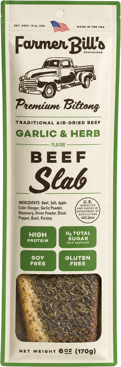 Farmer Bill's Garlic & Herb Beef Slab biltong package