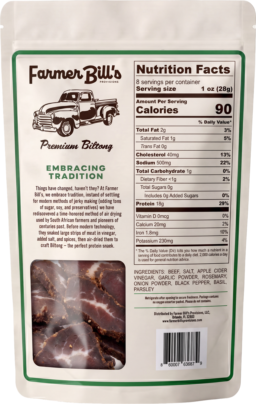 Farmer Bill's Garlic & Herb Beef Slices package back — nutrition facts and ingredients