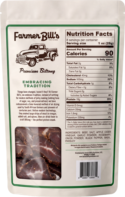 Farmer Bill's Garlic & Herb Beef Slices package back — nutrition facts and ingredients