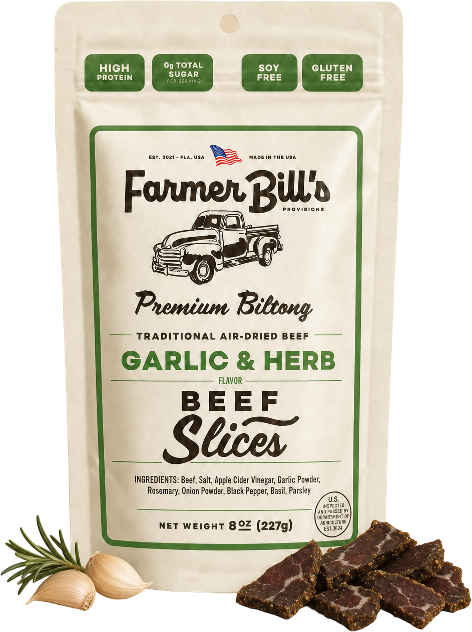 Farmer Bill's Garlic & Herb Beef Slices biltong package with loose slices