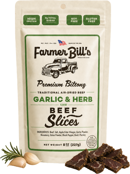 Farmer Bill's Garlic & Herb Beef Slices biltong package with loose slices