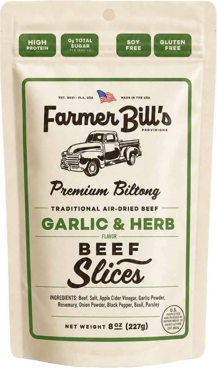 Farmer Bill's Garlic & Herb Beef Slices biltong package