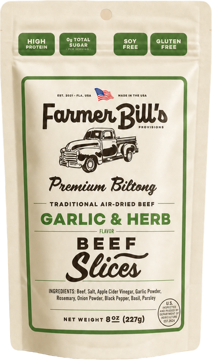 Farmer Bill's Garlic & Herb Beef Slices biltong package