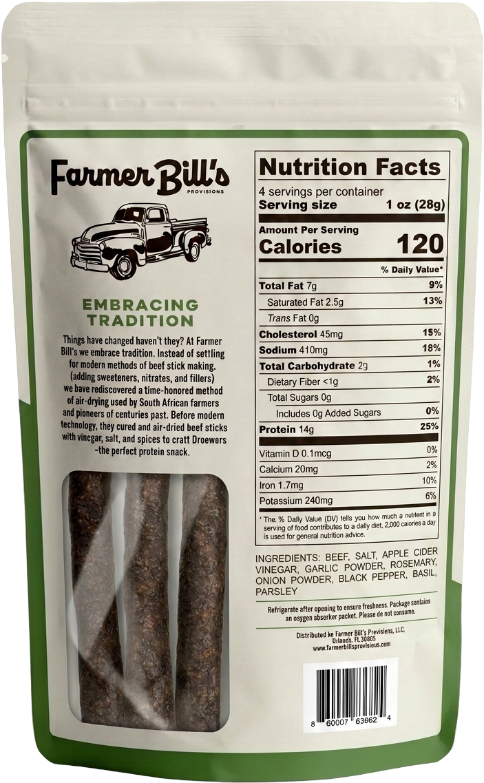 Farmer Bill's Garlic & Herb Beef Sticks package back — nutrition facts and ingredients