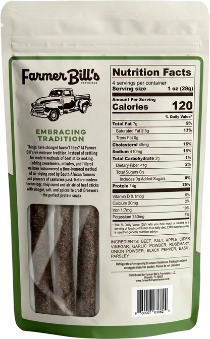 Farmer Bill's Garlic & Herb Beef Sticks package back — nutrition facts and ingredients