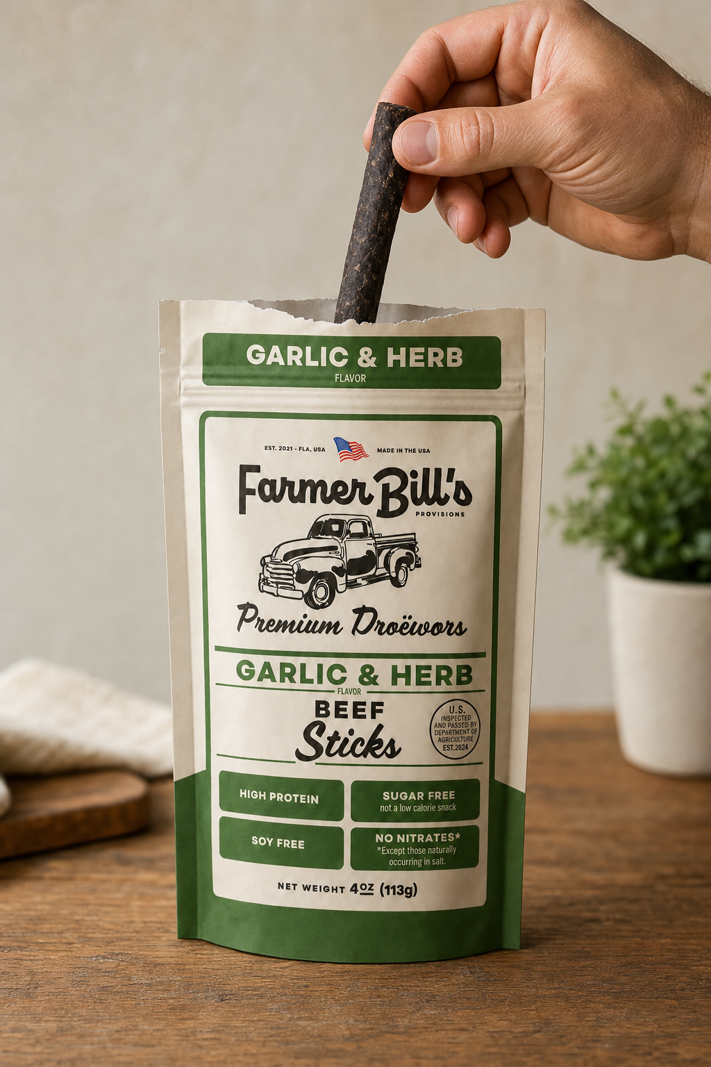 Farmer Bill's Garlic & Herb Beef Sticks — pulling a stick from the resealable pouch