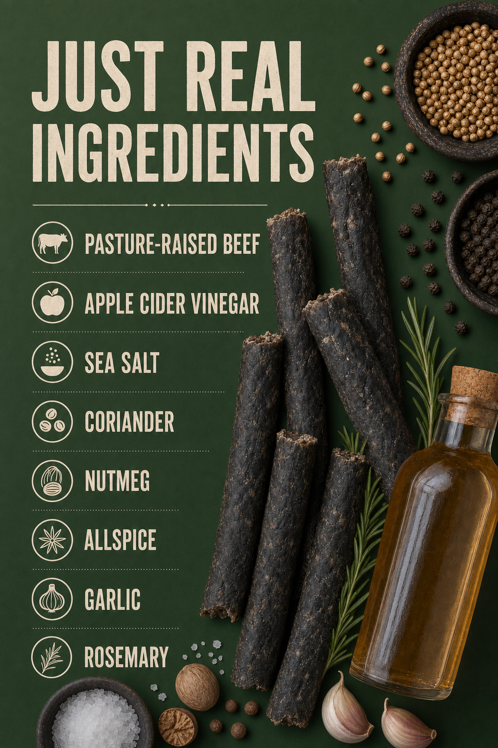 Farmer Bill's Garlic & Herb Beef Sticks ingredients — pasture-raised beef, apple cider vinegar, sea salt, coriander, black pepper