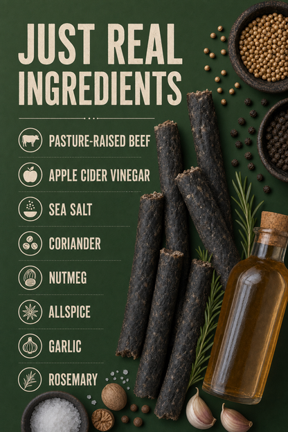 Farmer Bill's Garlic & Herb Beef Sticks ingredients — pasture-raised beef, apple cider vinegar, sea salt, coriander, black pepper