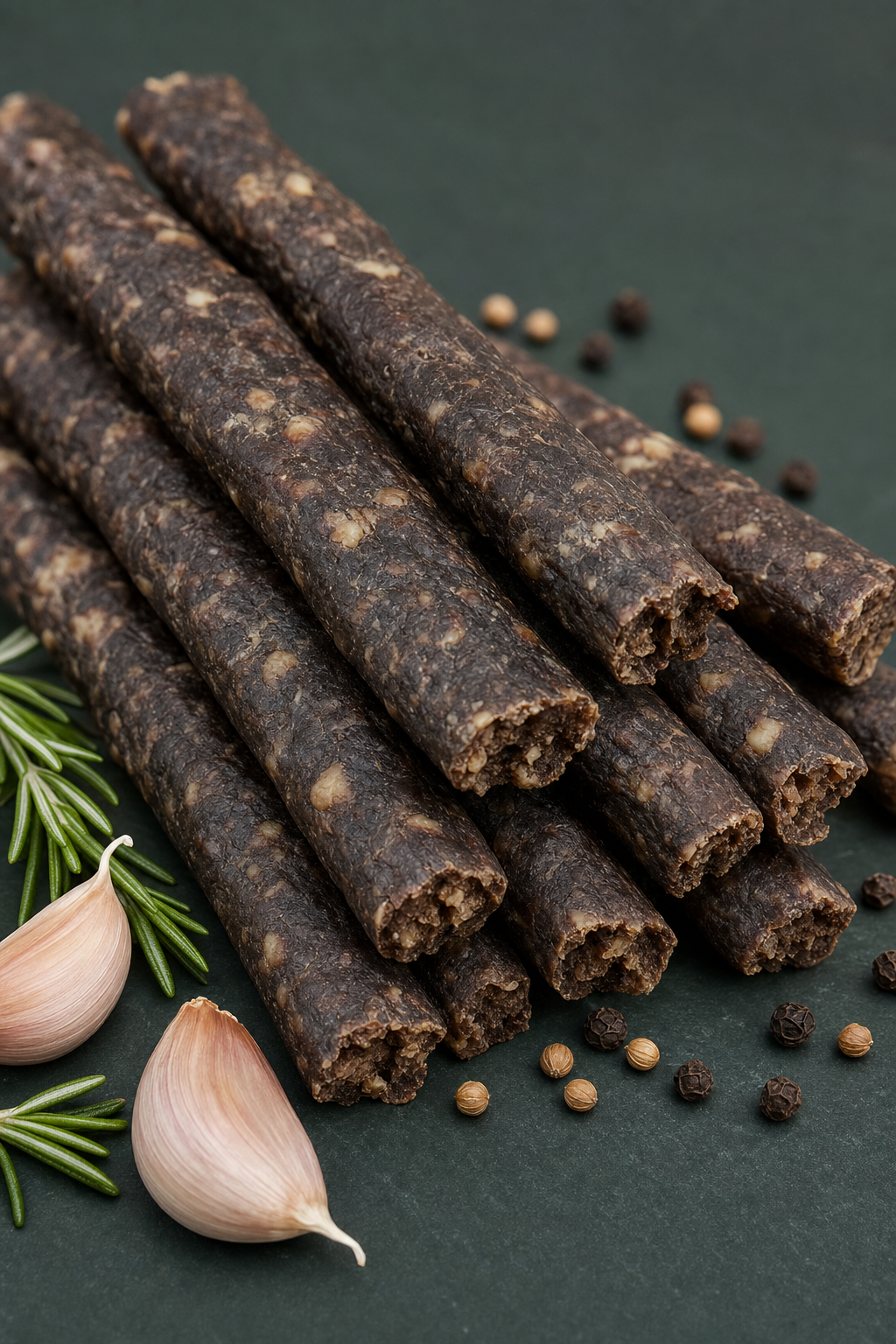Farmer Bill's Garlic & Herb Beef Sticks — close-up side view of the air-dried whole-muscle sticks
