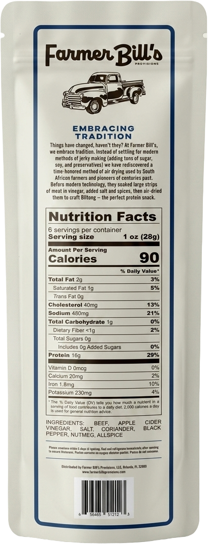 Farmer Bill's Original Beef Slab package back — nutrition facts and ingredients