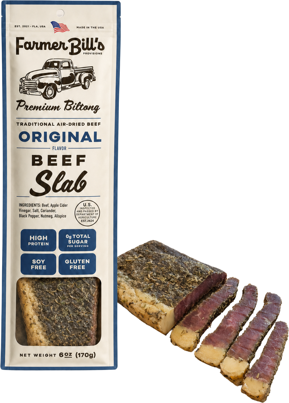 Farmer Bill's Original Beef Slab biltong with sliced pieces