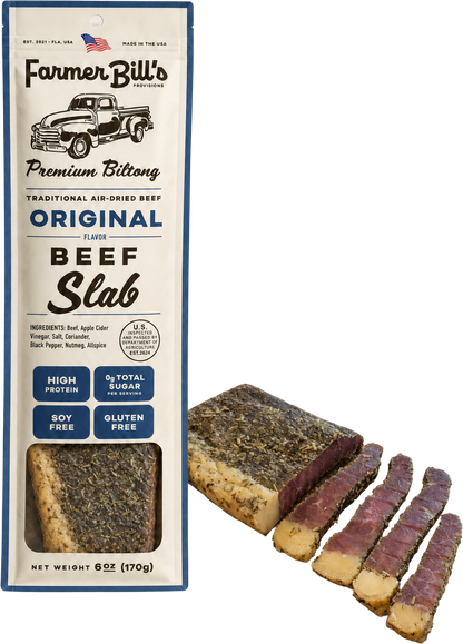 Farmer Bill's Original Beef Slab biltong with sliced pieces